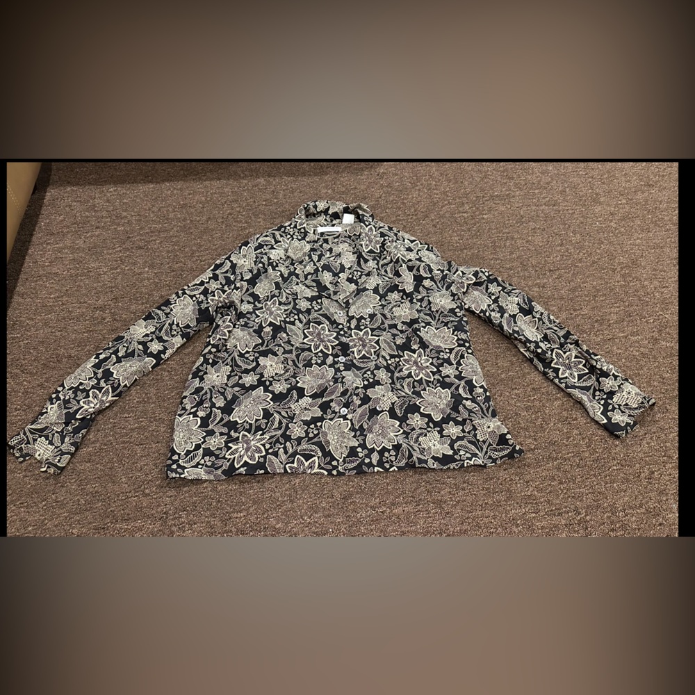 EUC! Liz Claiborne Collection Women's 10 Blk Cream Floral 100% Silk Blouse LS